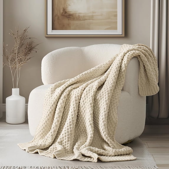 EVERGRACE Chunky Chenille Knit Throw Blanket for Couch, Soft Luxurious Moss Stitch Blankets for Bed, Cozy Decorative Farmhouse Knitted Throws for Sofa, Beige, 50" x 60"
