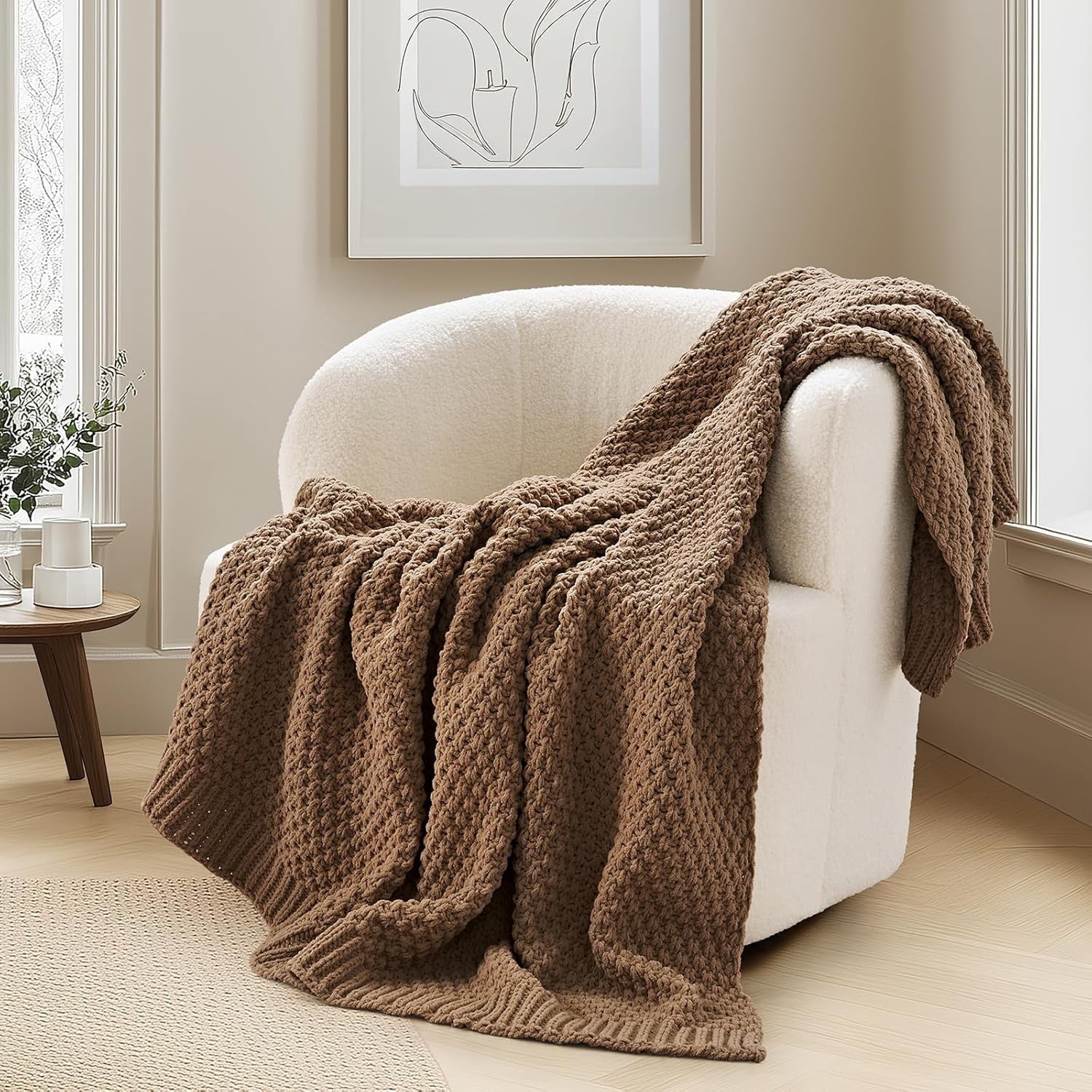 EVERGRACE Chunky Chenille Knit Throw Blanket for Couch, Soft Luxurious Moss Stitch Blankets for Bed, Cozy Decorative Farmhouse Knitted Throws for Sofa, Camel Brown, 60" x 80"