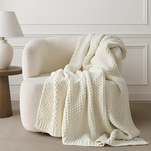 EVERGRACE Chunky Chenille Knit Throw Blanket for Couch, Soft Luxurious Moss Stitch Blankets for Bed, Cozy Decorative Farmhouse Knitted Throws for Sofa, Ivory White, 50" x 60"