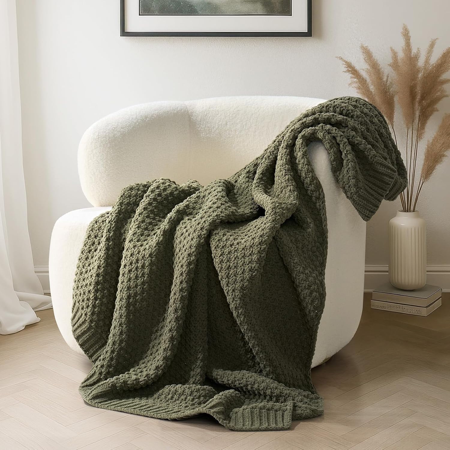 EVERGRACE Chunky Chenille Knit Throw Blanket for Couch, Soft Luxurious Moss Stitch Blankets for Bed, Cozy Decorative Farmhouse Knitted Throws for Sofa, Olive Green, 50" x 60"