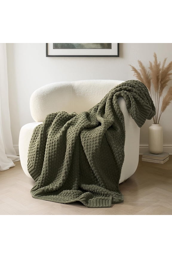 Chunky Chenille Knit Throw Blanket for Couch, Soft Luxurious Moss Stitch Blankets for Bed, Cozy Decorative Farmhouse Knitted Throws for Sofa, Olive Green, 50" x 60"