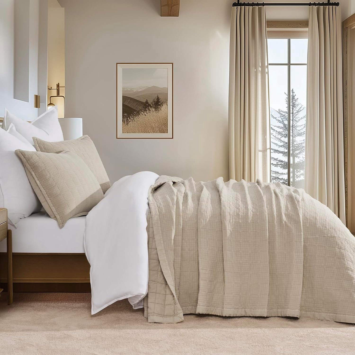 EVERGRACE Stonewashed Cotton Quilt Set Full Queen Size, Ultra Soft Oversized Bedspread Coverlet Set, Lightweight Crinkle Box Stitch Bedding Sets for All Season, with 2 Shams, Flax Beige