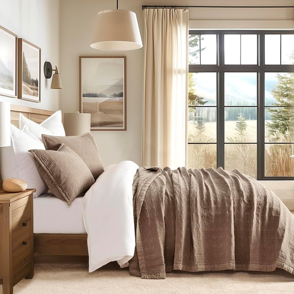 EVERGRACE Stonewashed Cotton Quilt Set Full Queen Size, Ultra Soft Oversized Bedspread Coverlet Set, Lightweight Crinkle Box Stitch Bedding Sets for All Season, with 2 Shams, Mocha Brown