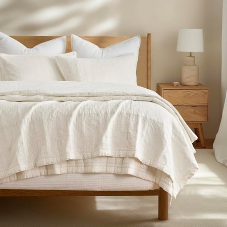 EVERGRACE Stonewashed Cotton Quilt Set King Size, Ultra Soft Oversized Bedspread Coverlet Set, Lightweight Crinkle Box Stitch Bedding Sets for All Season, with 2 Shams, Ivory White