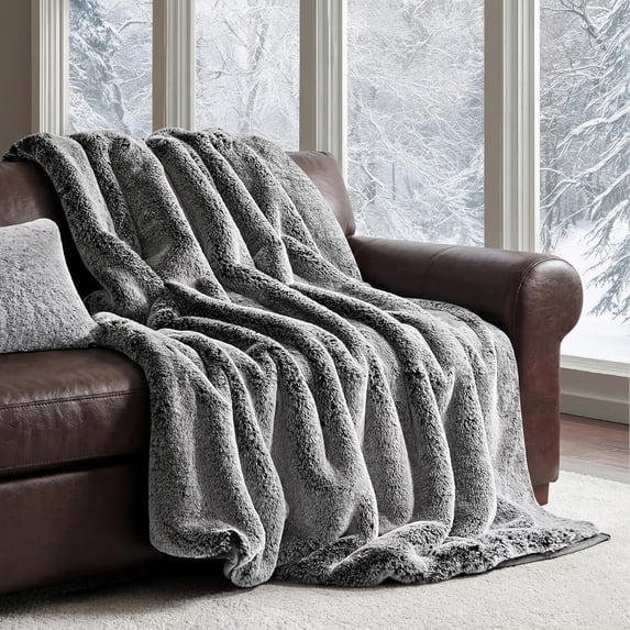 EVERGRACELuxury Soft Faux Chinchilla Fur Throw Blanket for Couch, Warm Thick Heavy Winter Throw Blanket 1220GSM for Bed, Fluffy Cozy Mink Blanket with Reversible Velvet, Onyx Mink, 60"x80"