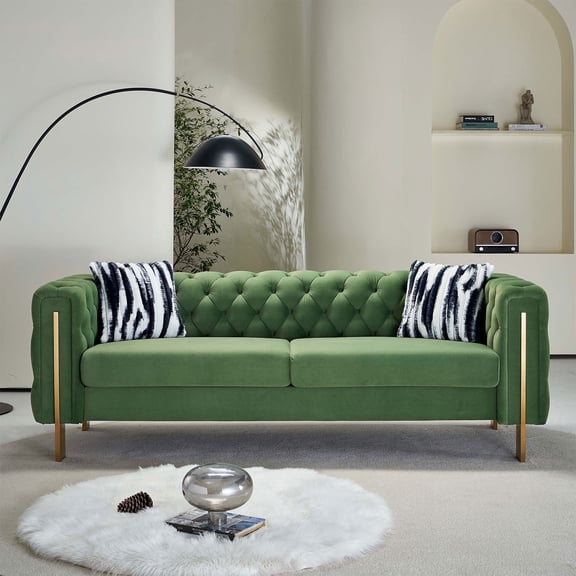 EVERGRATE FURNITURE Modern Solid Print Solid Wood and Foam Tufted Chesterfield Sofa with 2 Pillows, Mint Green