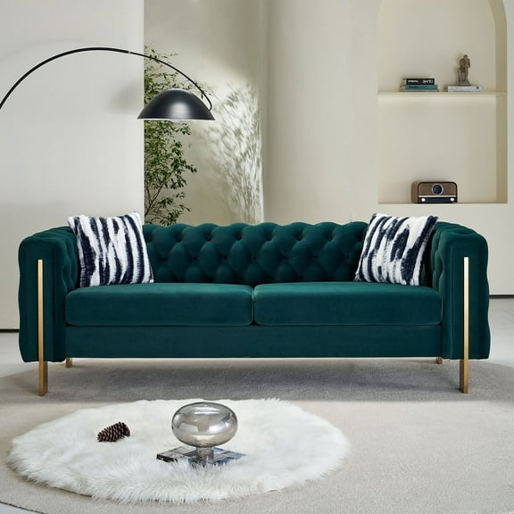EVERGRATE FURNITURE Modern Velvet Tufted Sofa with 2 Pillows, Green