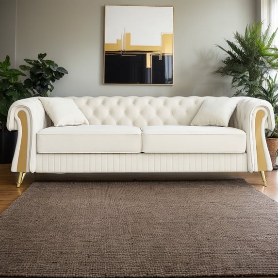 EVERGRATE FURNITURE Modern Velvet Tufted Sofa with Metal Legs, Beige