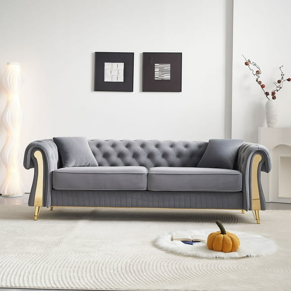EVERGRATE FURNITURE Modern Velvet Tufted Sofa with Seat Cushion and Pillow, Light Grey