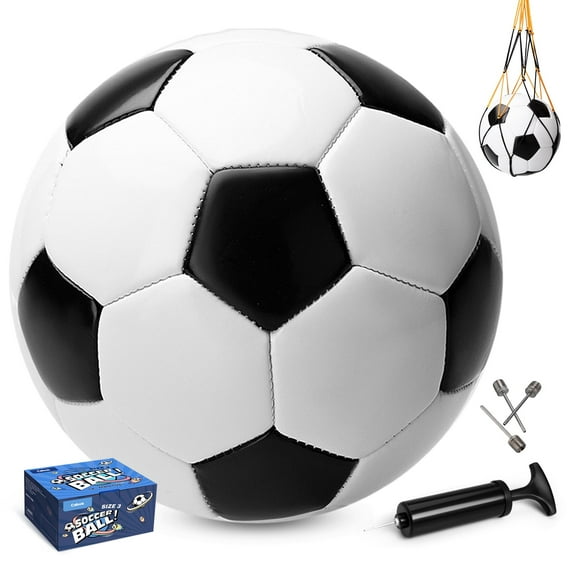 PLAYZAP Soccer Ball Size 3 Size 4 Size 5 with Pump - Single or 2 Pack - Official Size & Weight - Classic Indoor Outdoor Soccer Ball - Ideal Gift for Kids Boys Girls Youth Adult