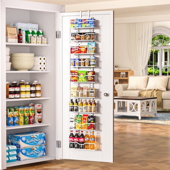 EVERIE 9-Tier Over the Door Kitchen Pantry Organizer Shelves,Metal Hanging Rack Heightened Plate Bottom Baskets Enlarged Hanging Slots, Easy Install