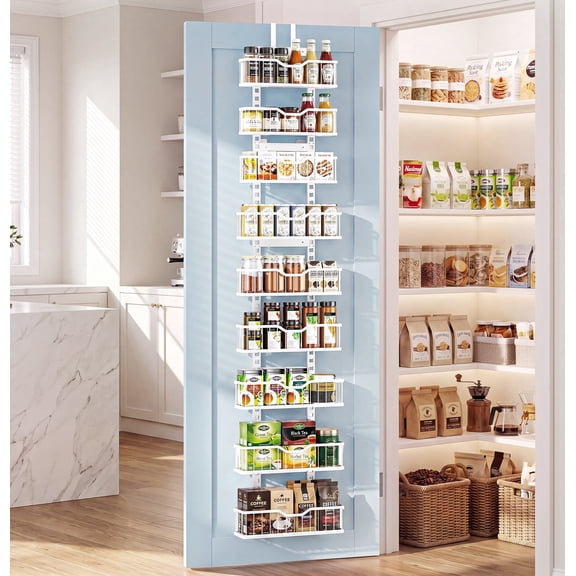 Everie Over-the-Door Pantry Organizer 9-Tier Heavy Duty Hanging Rack Spice Rack with Solid Bottom Baskets No-Bumping Kitchen Door Storage Easy Install