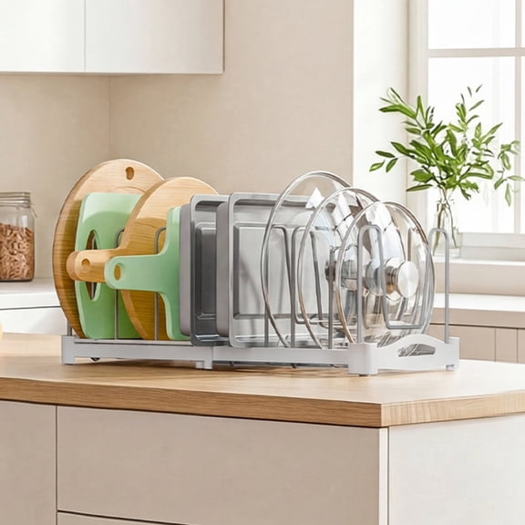 Everie Expandable Pot Lid & Bakeware Organizer Rack, White, Adjustable 12.6"-21.5" Wide for Pots Cake Molds Cutting Board