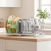 Everie Expandable Pot Lid & Bakeware Organizer Rack, White, Adjustable 12.6"-21.5" Wide for Pots Cake Molds Cutting Board