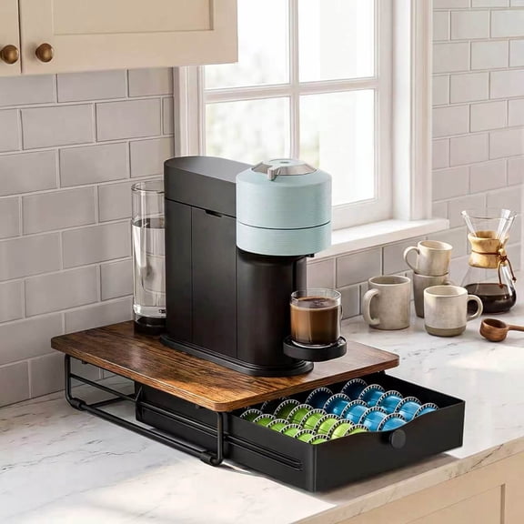Everie Wooden Top Coffee Pod Drawer, Compatible with Nespresso Vertuo Holds Up to 52 Small Capsules Pods, Countertop Coffee Bar Organizer