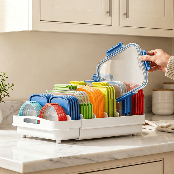 Everie Expandable Food Container Lid Organizer, Fits 12" Deep Cabinets, 13.4"-20.5" Adjustable, 8 Dividers, White