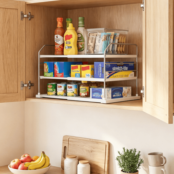 Everie 3-Tier Extendable Foil,Cans Heavy Duty Holder,Adjustable 11'' to 16.7'' Wide for Kitchen Cabinet Pantry Storage