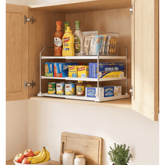 EVERIE Extendable Holder for Heavy Items, Jars, Bottles, Cans, Plastic Bags, Wrap, Foil, Snack and Box for Kitchen, Bathroom, Pantry, Counter, Cabinets, 11'' to 16.7'' Wide