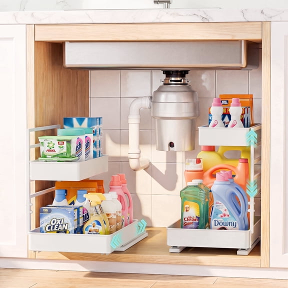 Everie 2-Tier Pull Out Under Sink Organizer Adjustable Height Heavy Duty Metal Shelf, White, 2-Pack