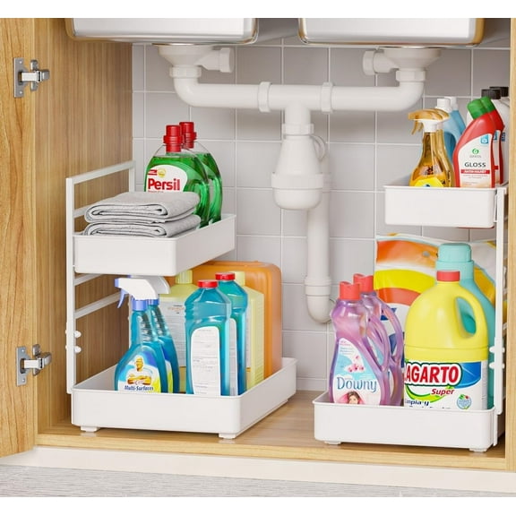 EVERIE Pull Out Slide Shelf Organizer for Under Sink Organization in Kitchen, Bathroom, Counter, Cabinets (White, 2 Sets)