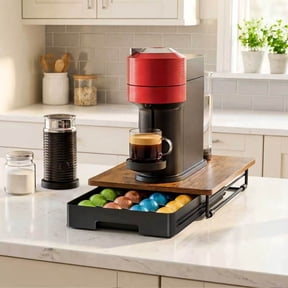 EVERIE Slim Wooden Coffee Pod Drawer 3" Tall, Sliding Tray Angled Slots Compatible with Nespresso Vertuo Capsules Storage, Holds 24 Pods, Rustic Brown Countertop Organizer