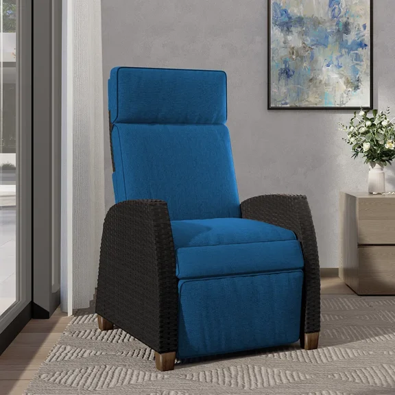EVERITE 150° Lay-Flat Wicker Recliner,Indoor/Outdoor Lounge Chair with Flip-Up Side Table & Air Pump, Blue