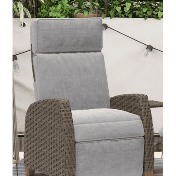 EVERITE 150° Lay-Flat Wicker Recliner,Indoor/Outdoor Lounge Chair with Flip-Up Side Table & Air Pump, Light Gray