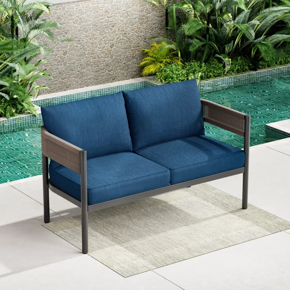 EVERITE 2-Person Wicker Outdoor Sofa ,Heavy-Duty Weather-Resistant Patio Seating,Blue