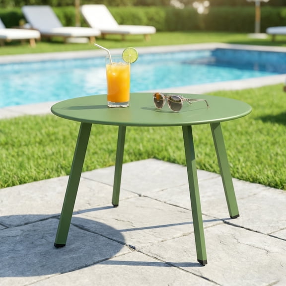 EVERITE 27.5" Outdoor Round Steel Coffee Table, Green