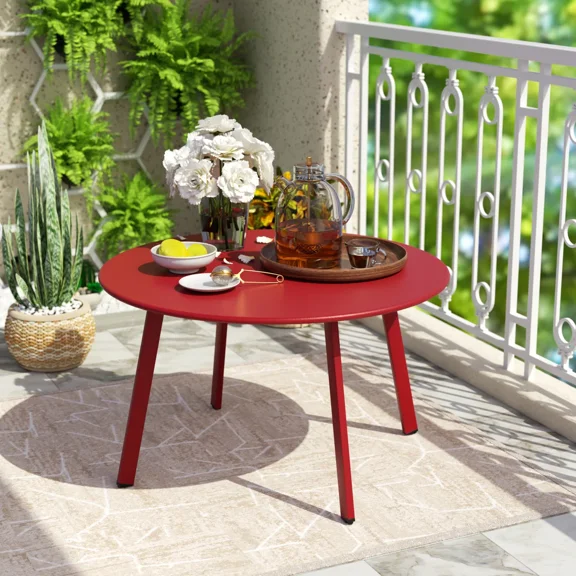 EVERITE 27.5" Outdoor Round Steel Coffee Table,Red