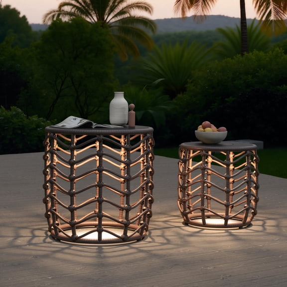 EVERITE Outdoor Side Table Modern Boho Style with Built-in Solar Lights Wave Wicker End Tables Set of 2,Brown