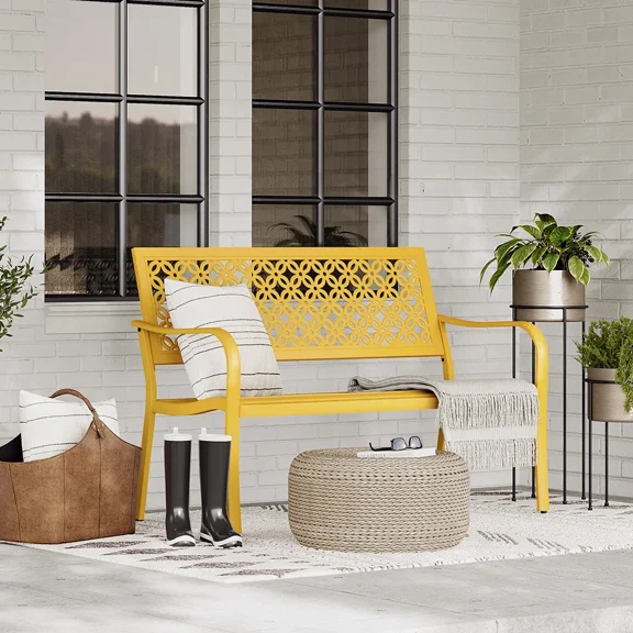 EVERITE Outdoor Steel Garden Bench ,Carved Floral Back Weatherproof Patio Seating,Yellow