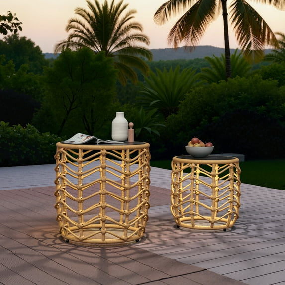EVERITE Outdoor Wave Wicker End Tables Set of 2,Modern Boho Style with Built-in Solar Lights,Natural Brown