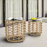 EVERITE Outdoor Wave Wicker End Tables Set of 2,Modern Boho Style with Built-in Solar Lights,Natural Brown