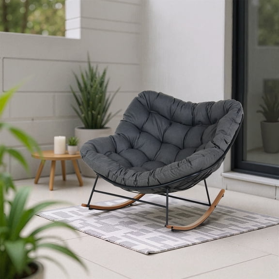 EVERITE Patio Rocking Chair with Padded Cushion and Steel Frame, Dark Gray