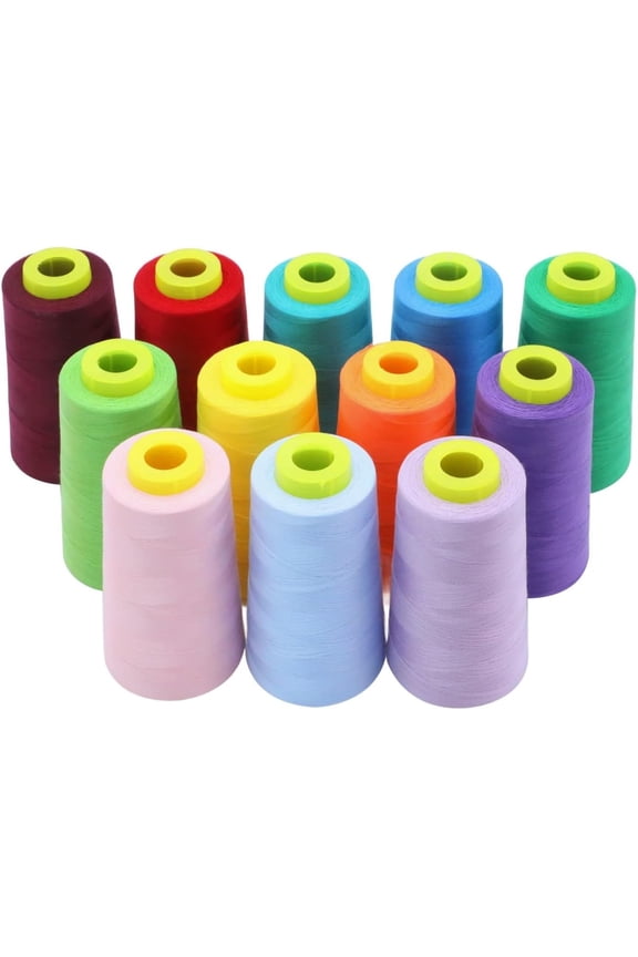 Serger Thread Set 12 Cones, Bold Assorted Colors 3000 Yards Each 40 Weight, 2-Ply Spun Polyester Strong Overlock Thread for Serger Machines Low-Lint, Smooth Feed