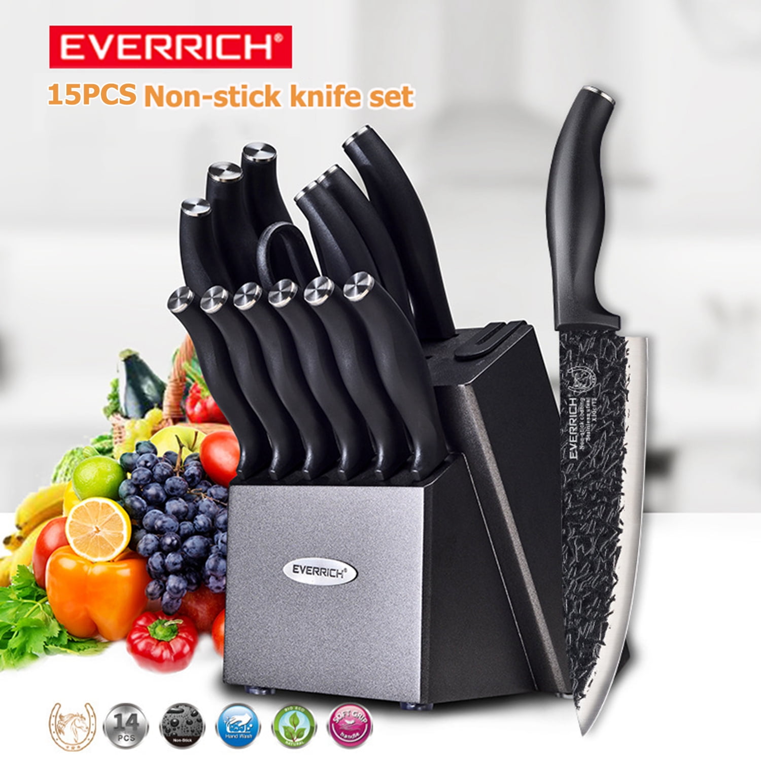 EVERRICH Knife Set, 15PCS German Stainless Steel Kitchen knife Block Set, Knives Set for Kitchen