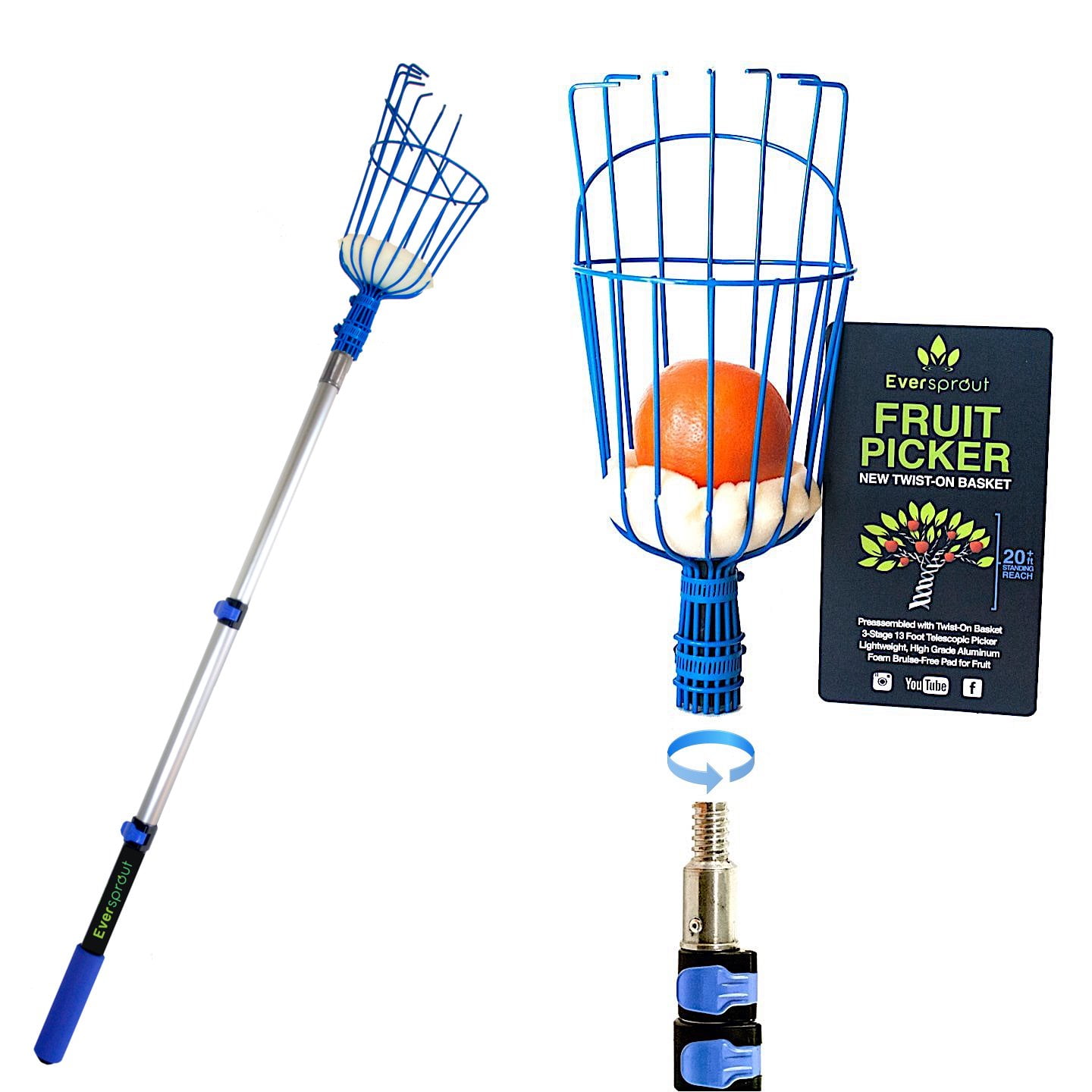 EVERSPROUT 1.54.5 Foot Fruit Picker with Extension Pole Telescoping