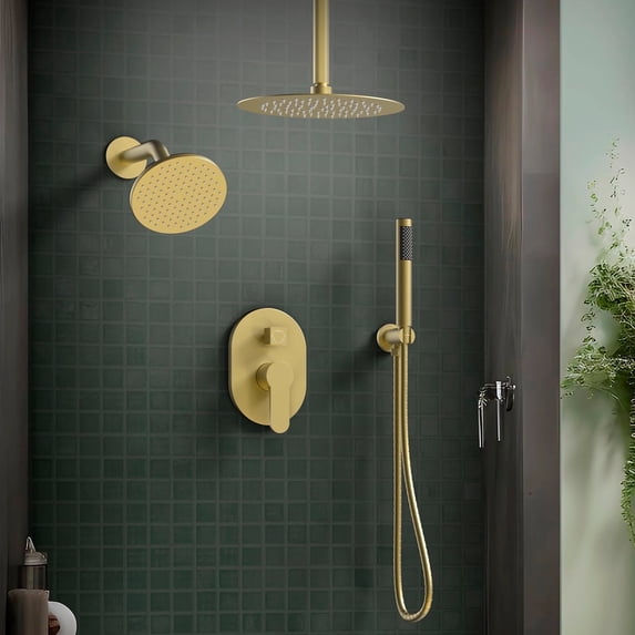 EVERSTEIN 10 inch Dual Shower Faucet System Set Round Rain 360°Adjustable Shower Head with Handheld Shower CUPC 2.5 GPM Valve, Brushed Gold