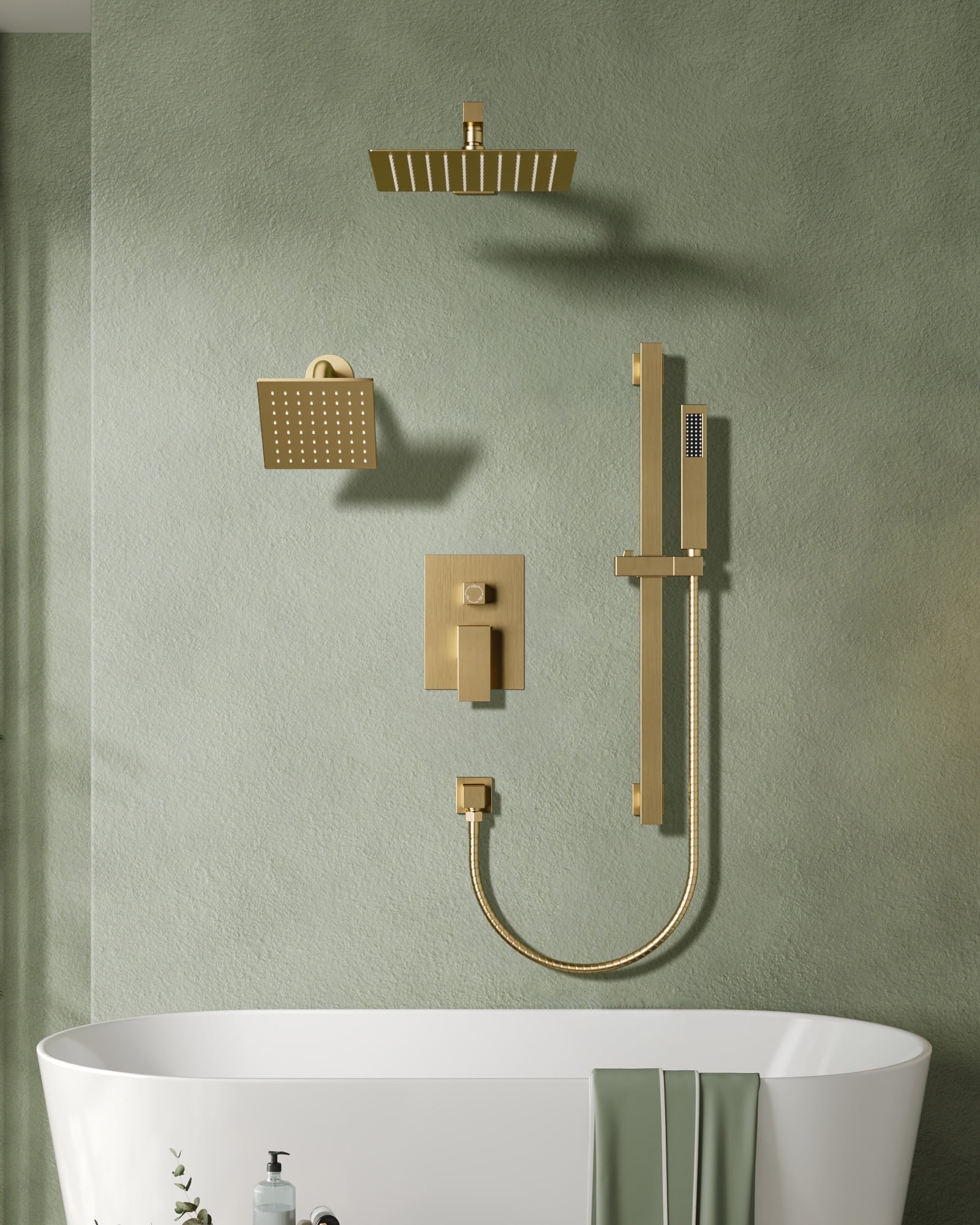 Brushed Gold Dual Shower Head System with Adjustable Handheld Spray