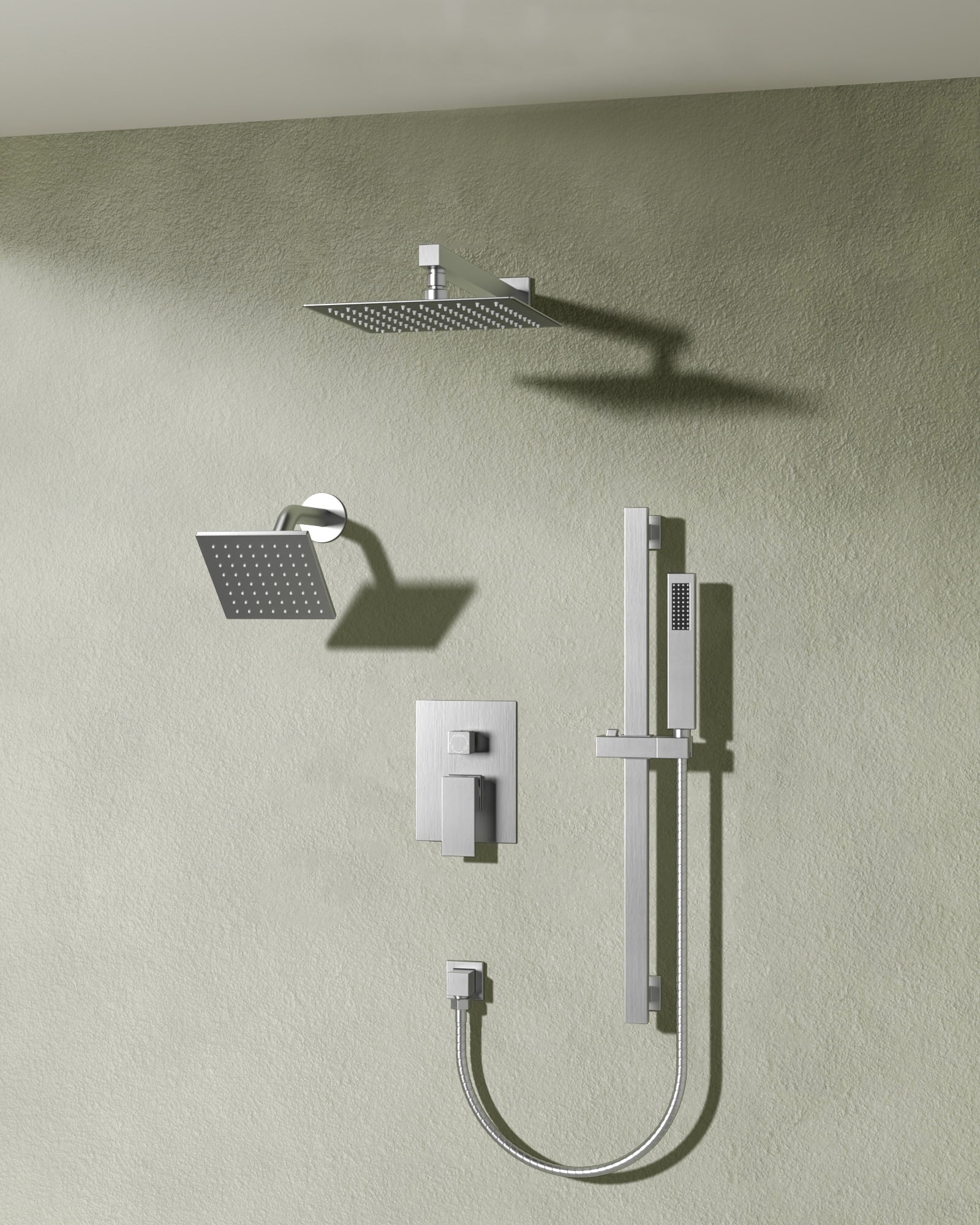 Brushed Nickel Dual Rainfall Shower System with Handheld Spray