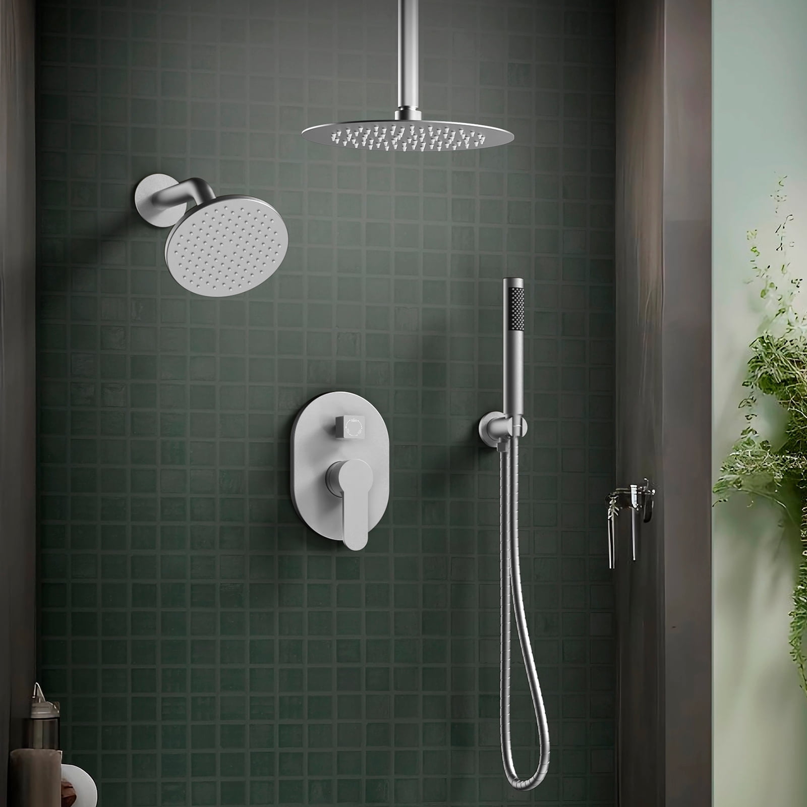 Brushed Nickel Dual Shower Head System with Handheld Spray