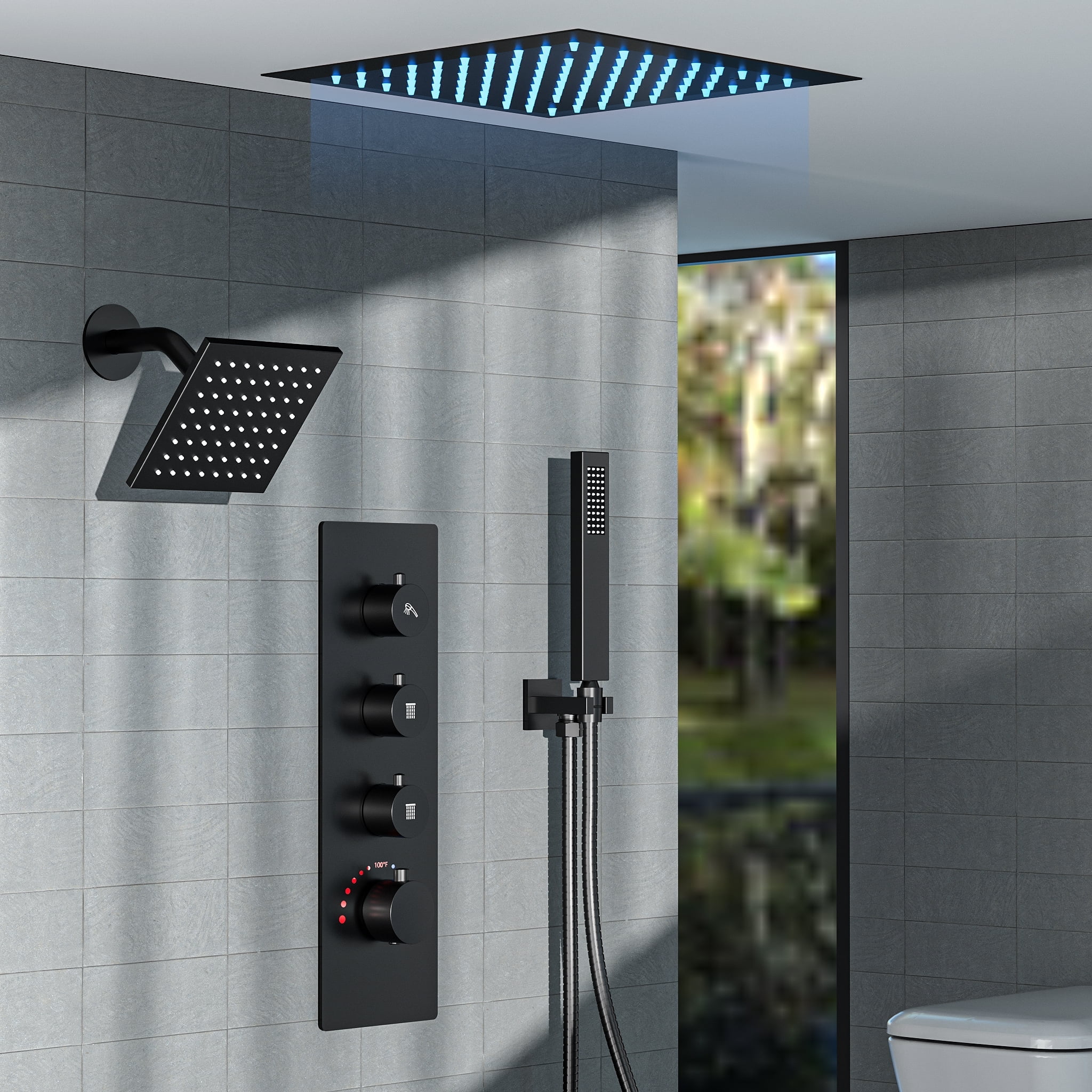 Matte Black Dual Rainfall LED Shower System with Thermostatic Valve