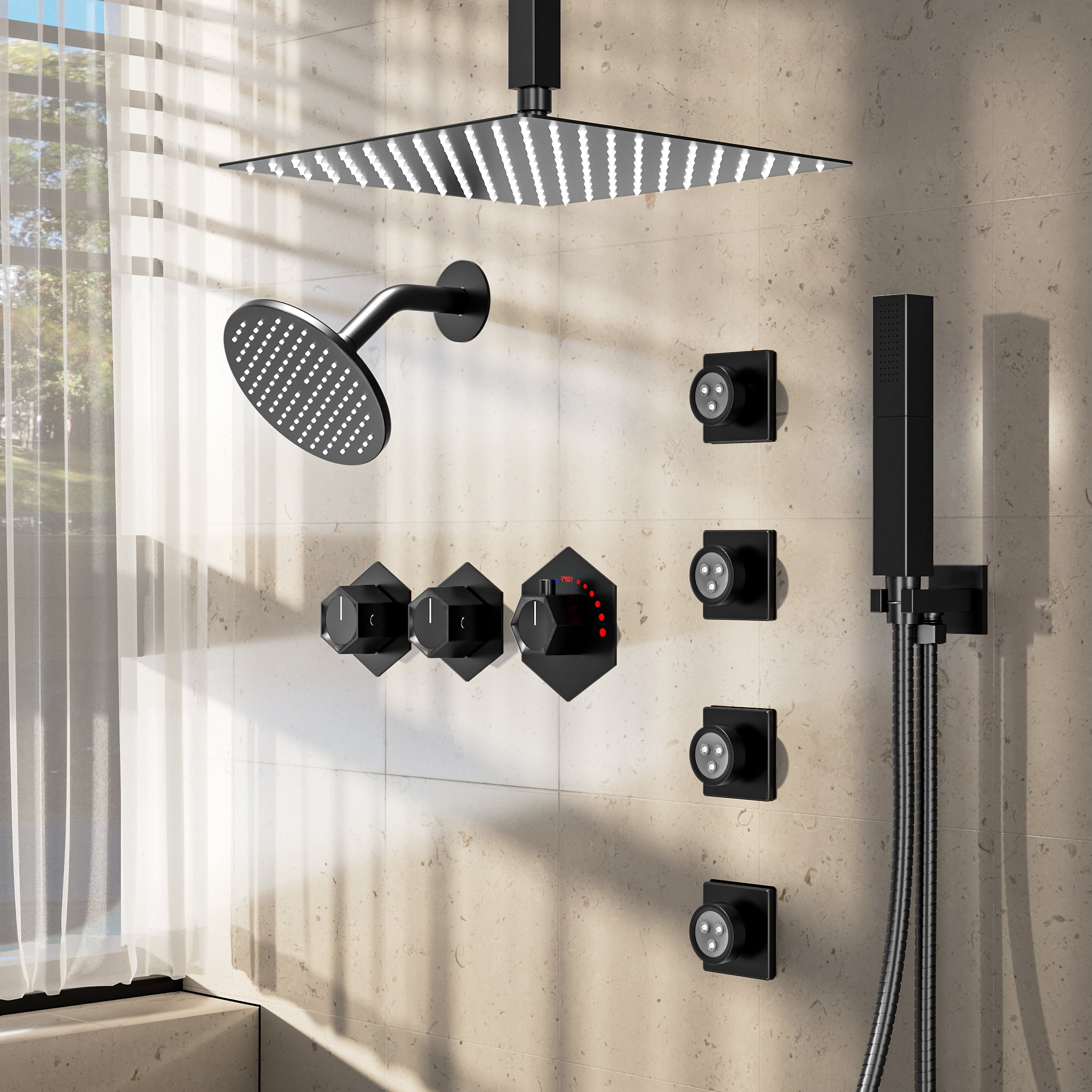 EVERSTEIN 12" Dual Rain Shower Head System Faucet Set with 8Spray