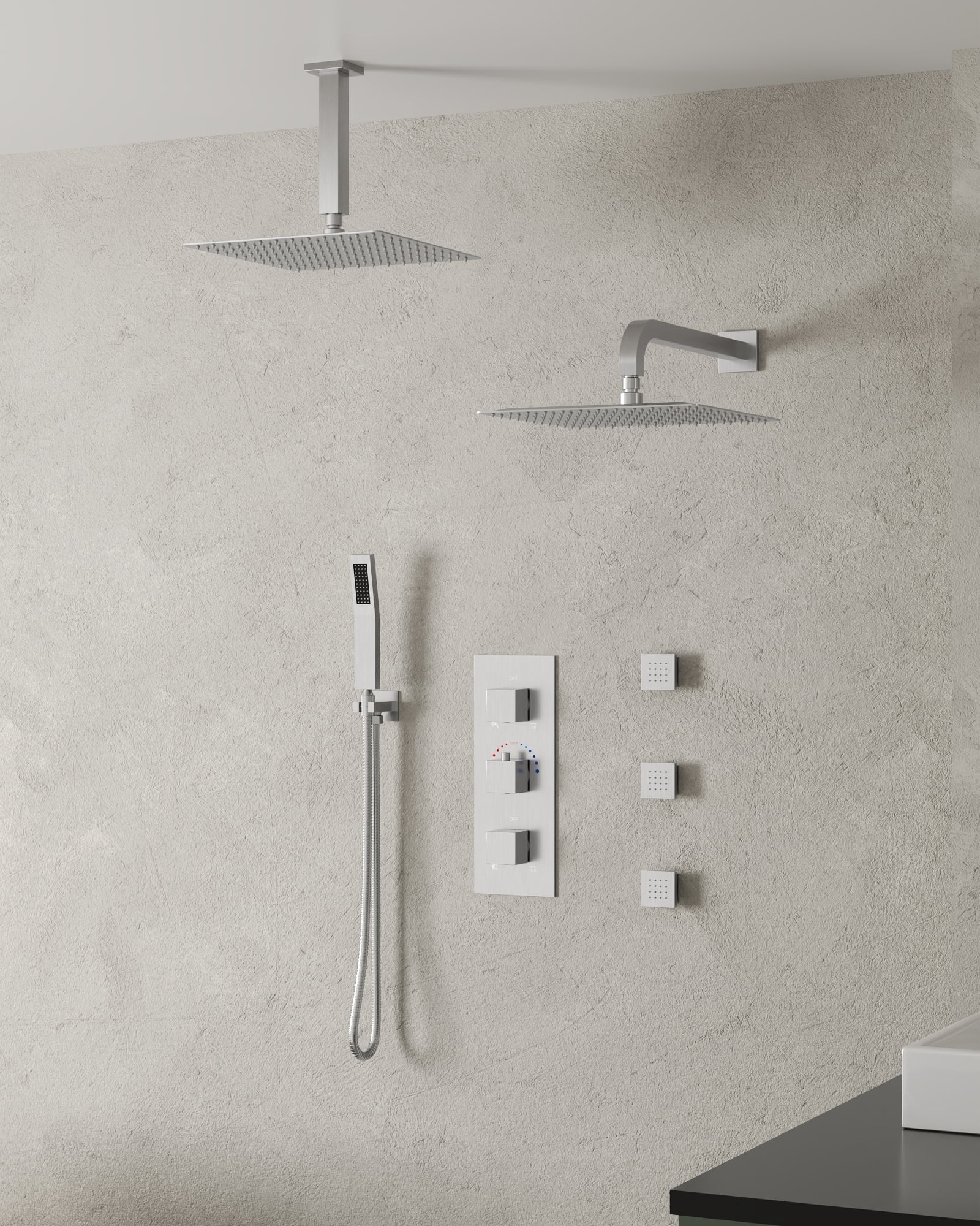 Large Brushed Nickel Dual LED Ceiling and Wall Mounted Shower System
