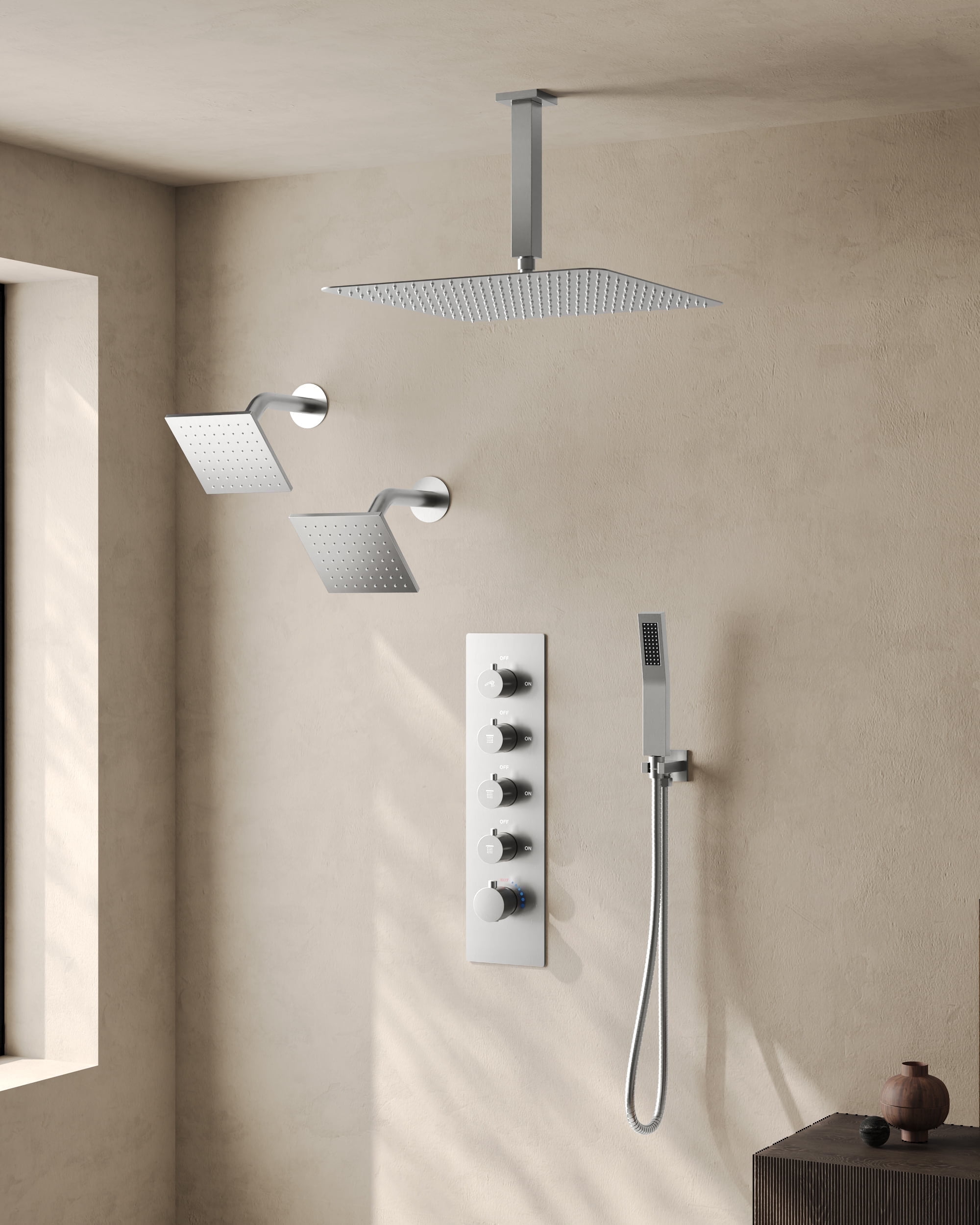 16" Brushed Nickel Thermostatic Triple Showerhead System