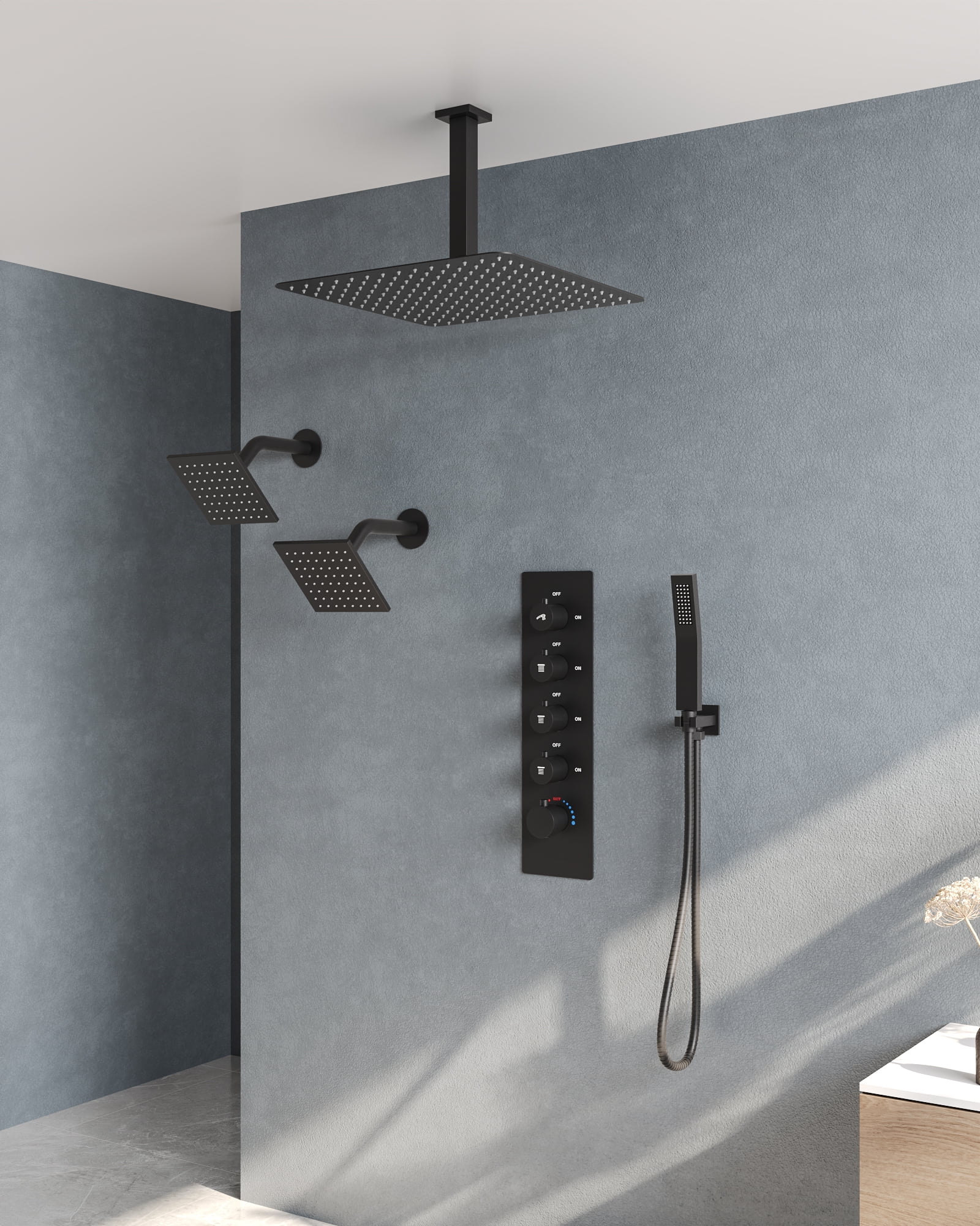 Matte Black 16" Stainless Steel Multi-Head Shower System