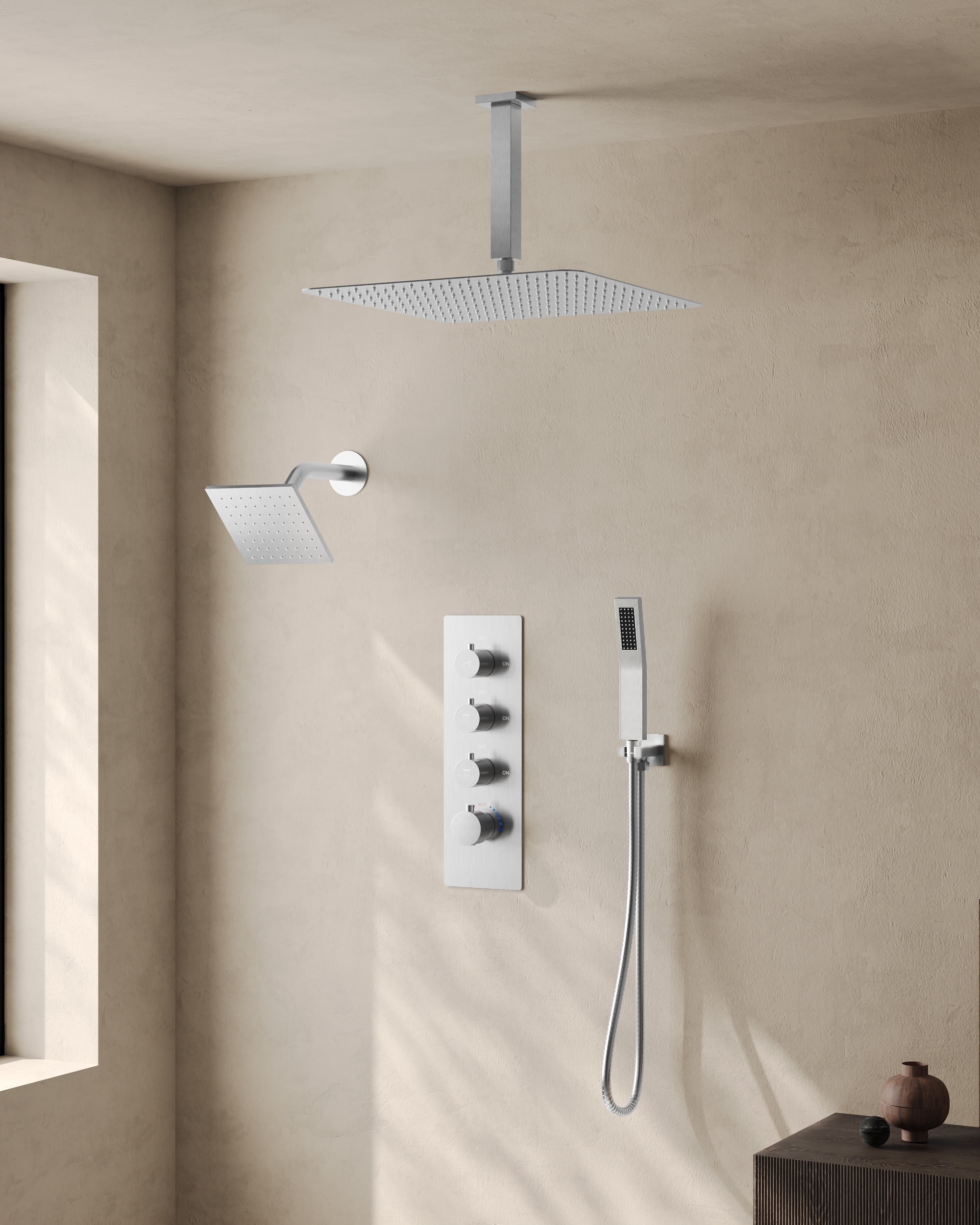 Brushed Nickel Dual Shower Head System with Thermostatic Valve
