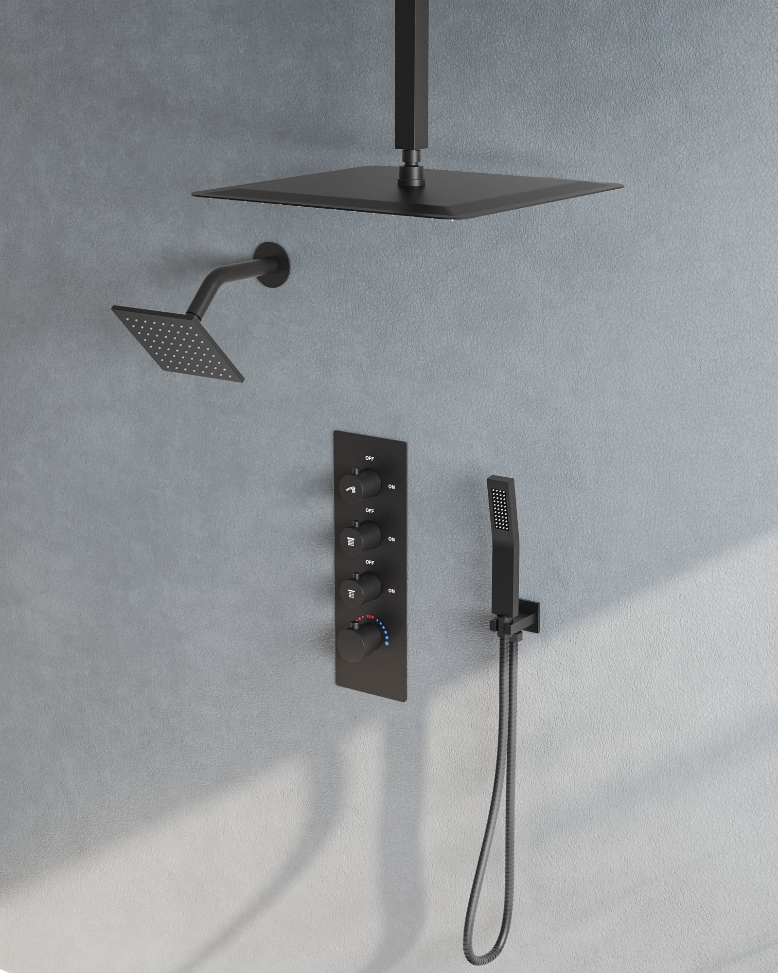 Matte Black Stainless Steel Dual Shower Head System with Thermostatic Valve