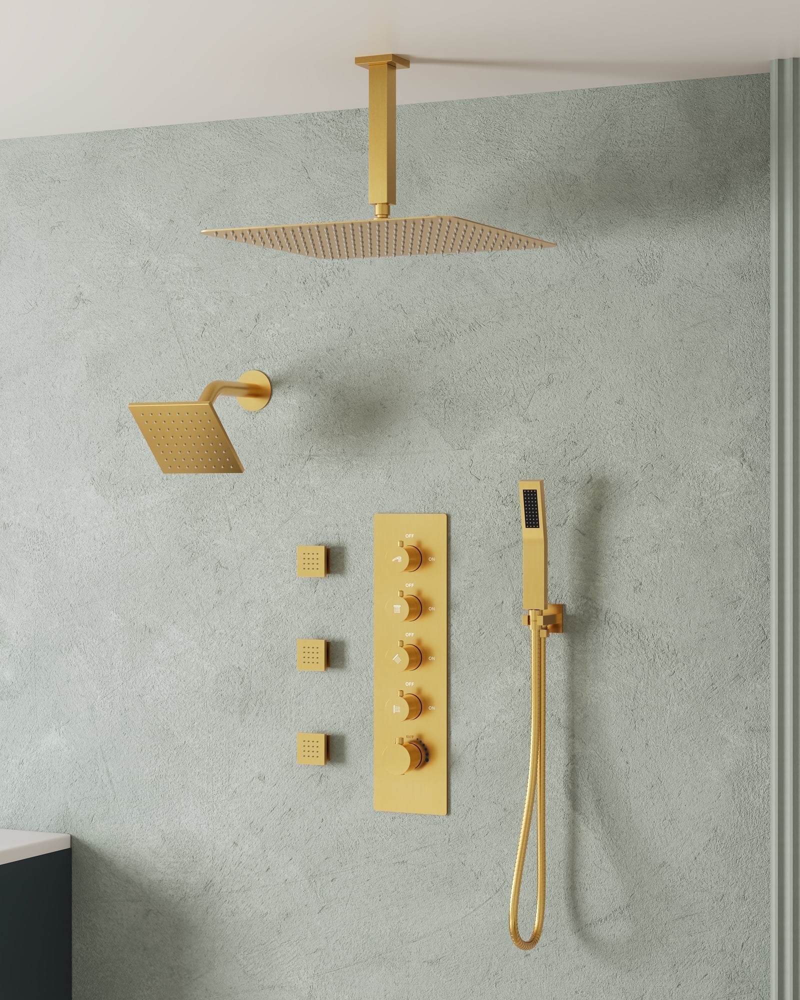16" Brushed Gold Multi-Head Rainfall Shower System with Handheld